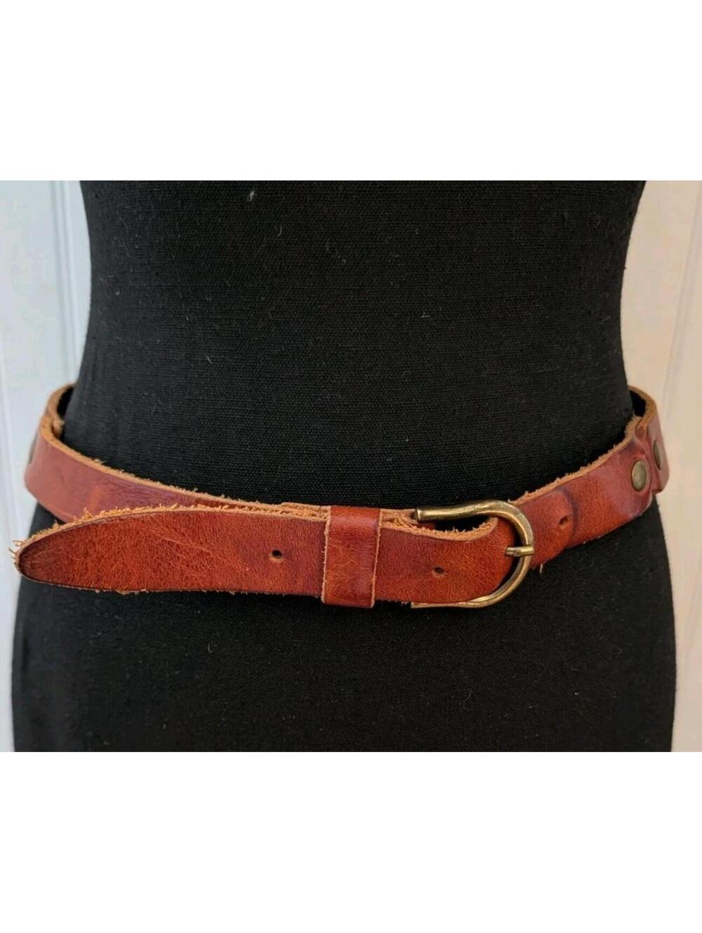 Vintage Real Leather Cognac Belt Brass Rivets Accents 32" To 36"